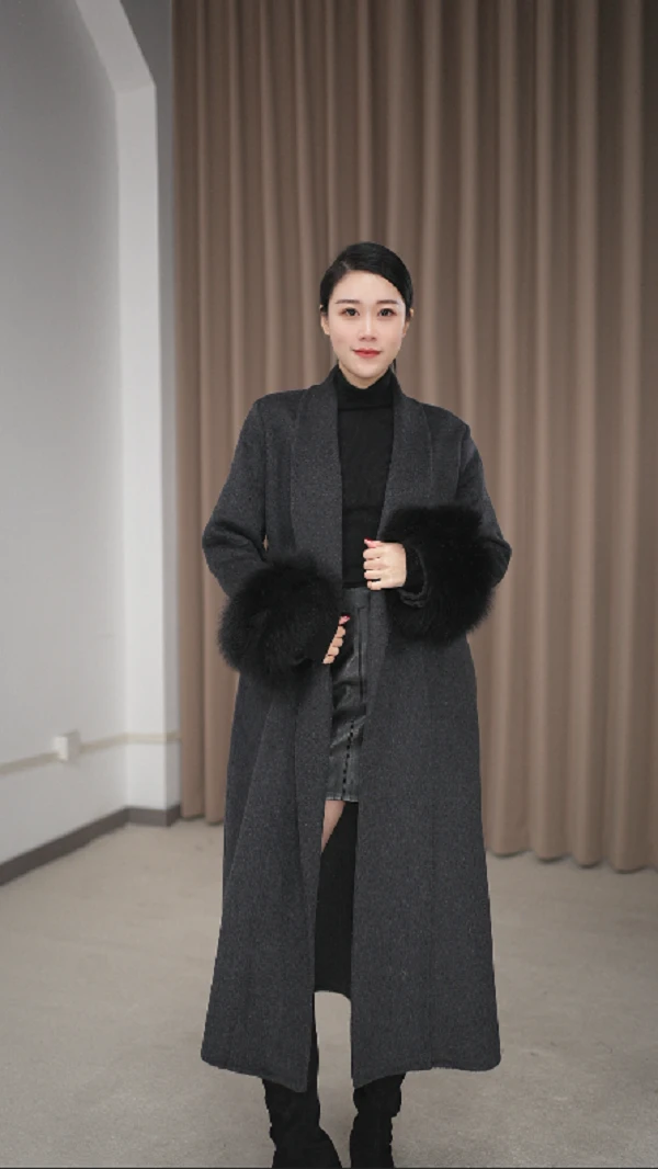 貂毛袖口双面中长款时尚气质羊毛大衣H8862