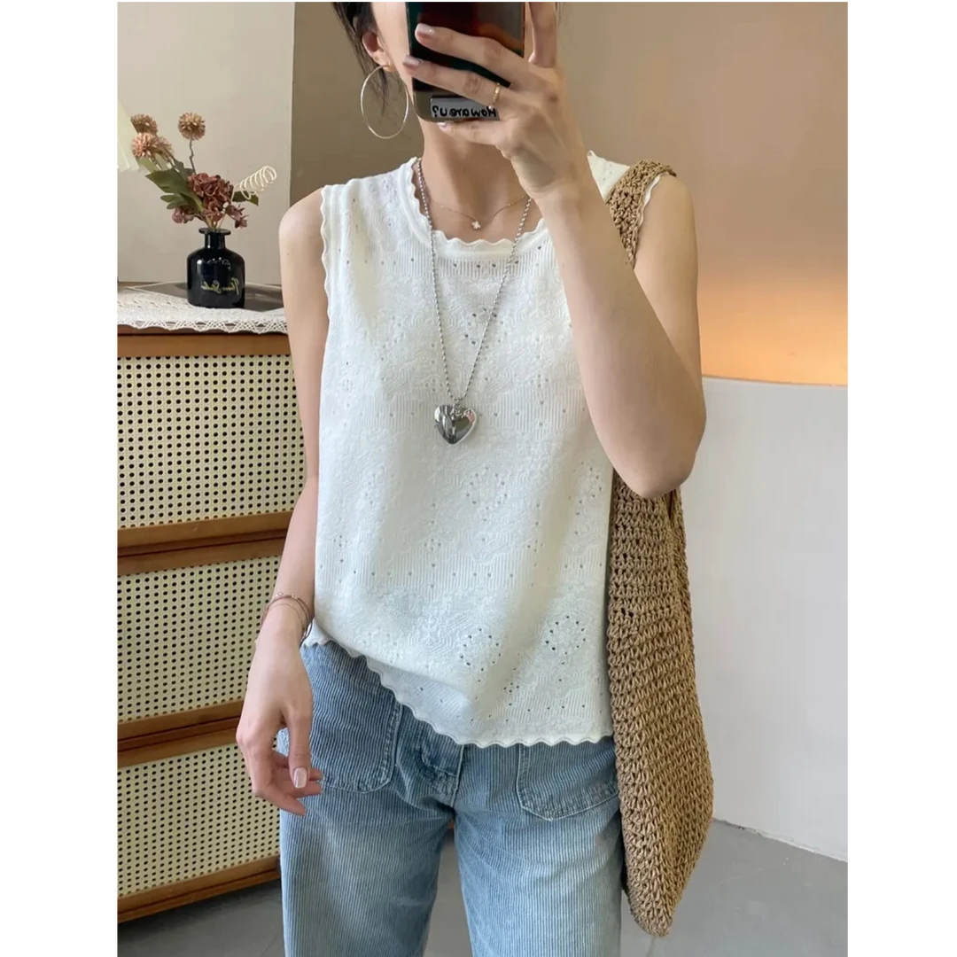 法式气质小香风无袖背心花边圆领钩花内搭女打底宽松针织衫春夏