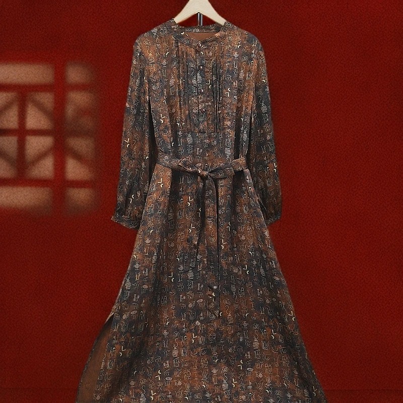 <<非遗美学>>显瘦气质圆领古法甲骨文香云老料连衣裙T1342