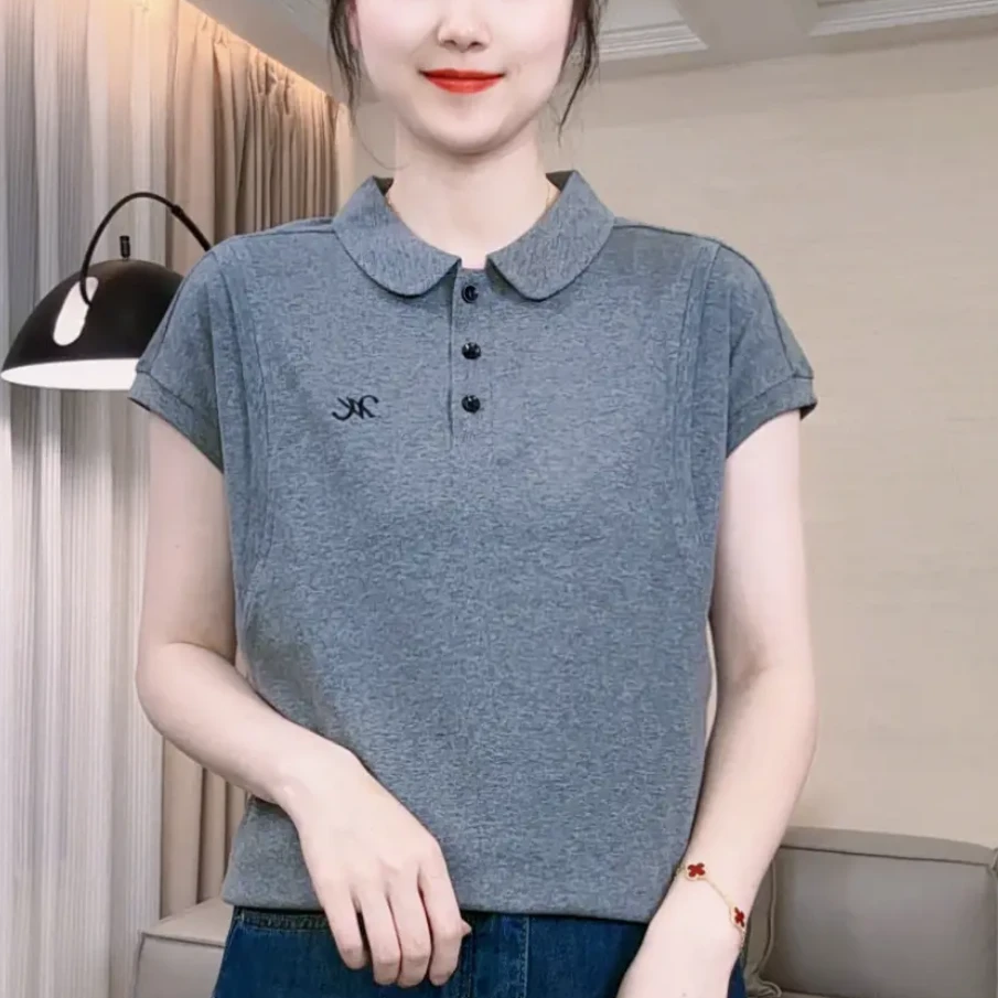 夏季新款时尚纯色翻领设计感休闲短袖百搭显瘦弹力上衣减龄t恤女