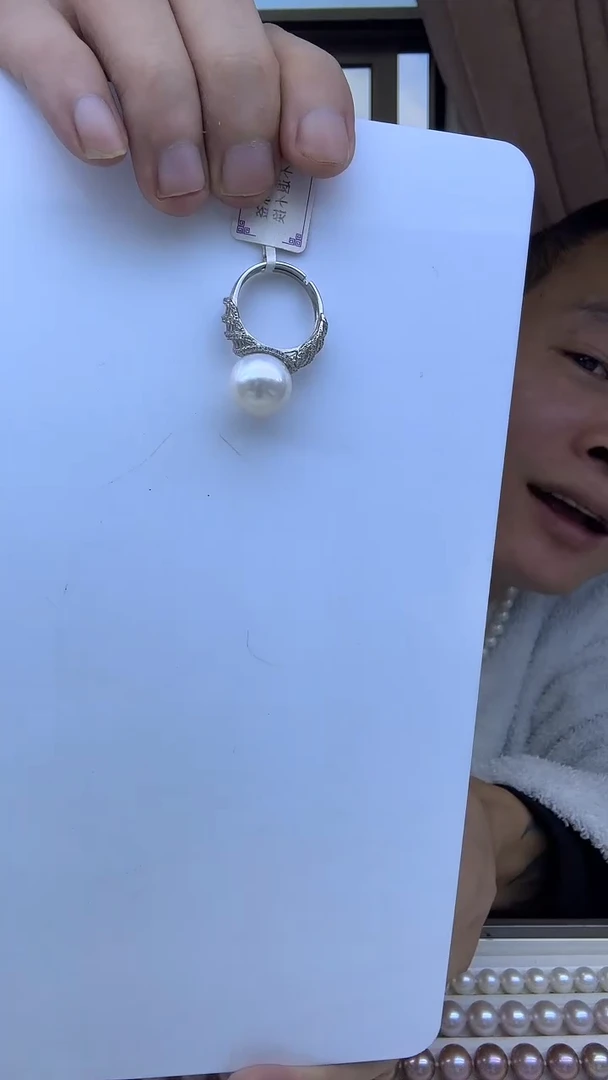 银S925镶嵌戒指淡水珍珠13-14mm 珍珠戒指