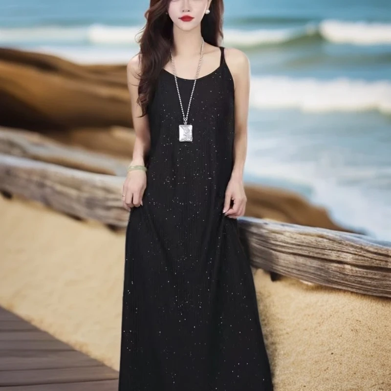 【美夫人专属】亮片超仙吊带连衣裙夏季薄遮肉宽松黑色长裙气质裙直