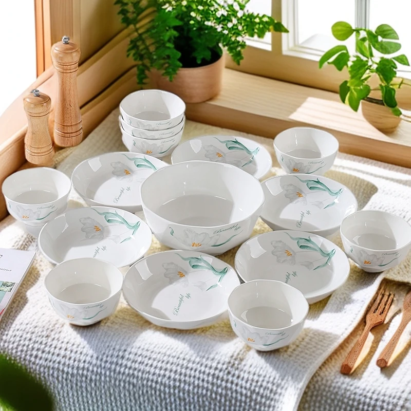 夏日雨荷15件套家用专用碗陶瓷中式家用碗碟白瓷碗创意大号日式