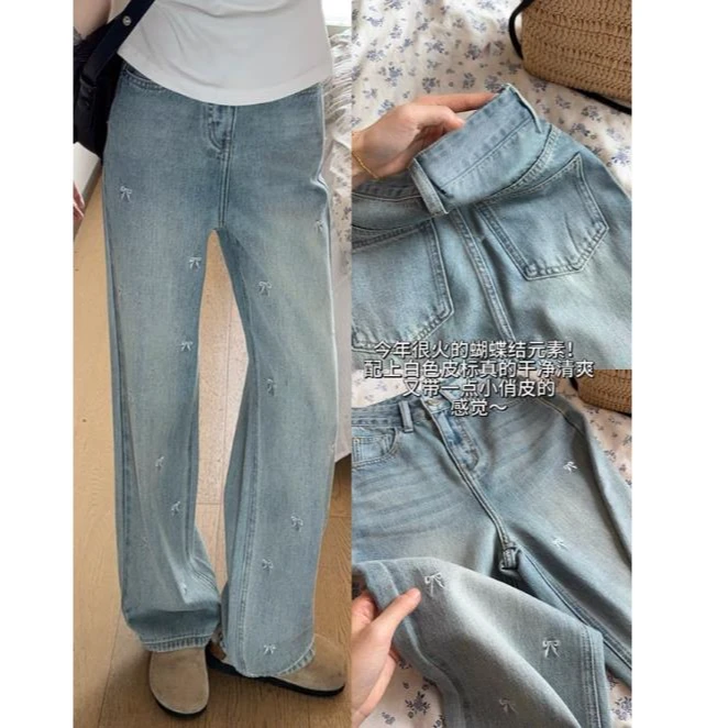 1052重工刺绣蝴蝶结牛仔阔腿裤显瘦休闲百搭时尚设计感韩版高腰