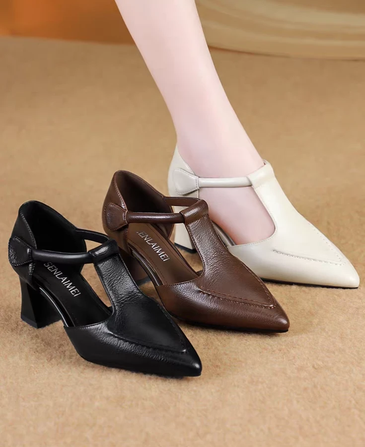 新款夏季凉鞋粗跟尖头女凉鞋简约时尚百搭包头凉鞋防滑耐磨中跟