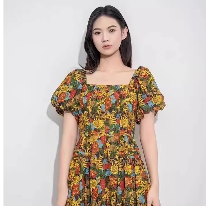 女装专柜商场夏季新款收腰印花泡泡短袖方领连衣裙5500516