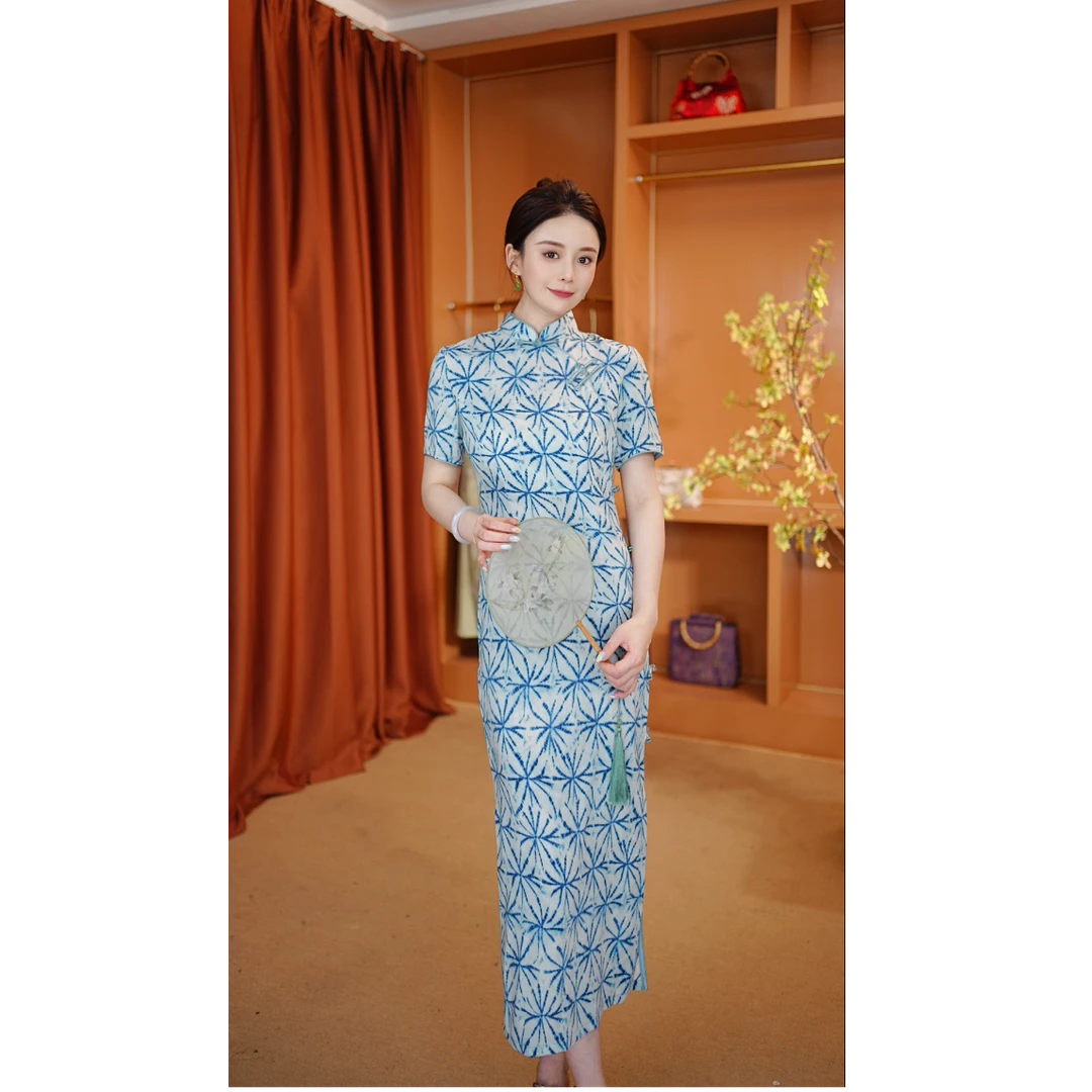 [青花瓷]立领中长裙常规袖日常极简风优雅长款旗袍