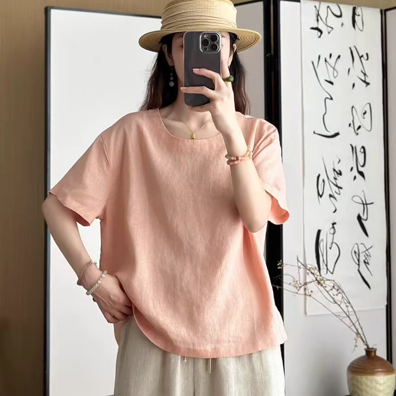 【亚麻800】夏季新款纯色短袖宽松百搭圆领慵懒风独特漂亮小衫上衣