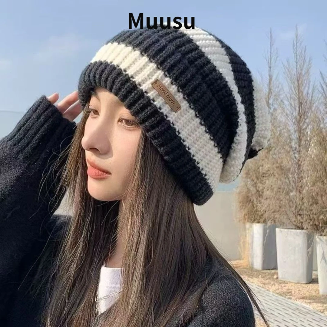 【Muusu】条纹字母大头围毛线帽子女秋冬保暖百搭针织帽包头帽女