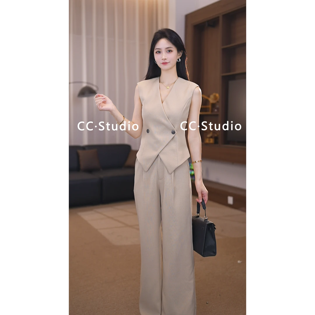2025夏季高级感西装马甲+高腰直筒裤套装女两件套