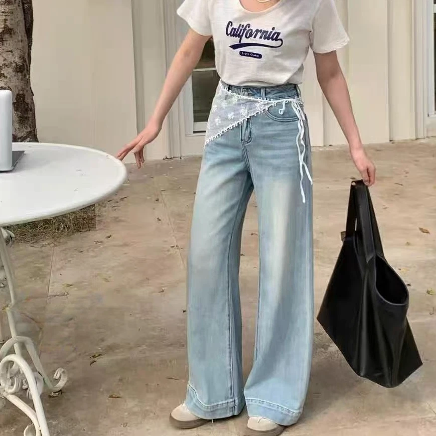 【裤博汇】6887春季蕾丝腰封浅色高腰显瘦直筒小阔腿牛仔裤