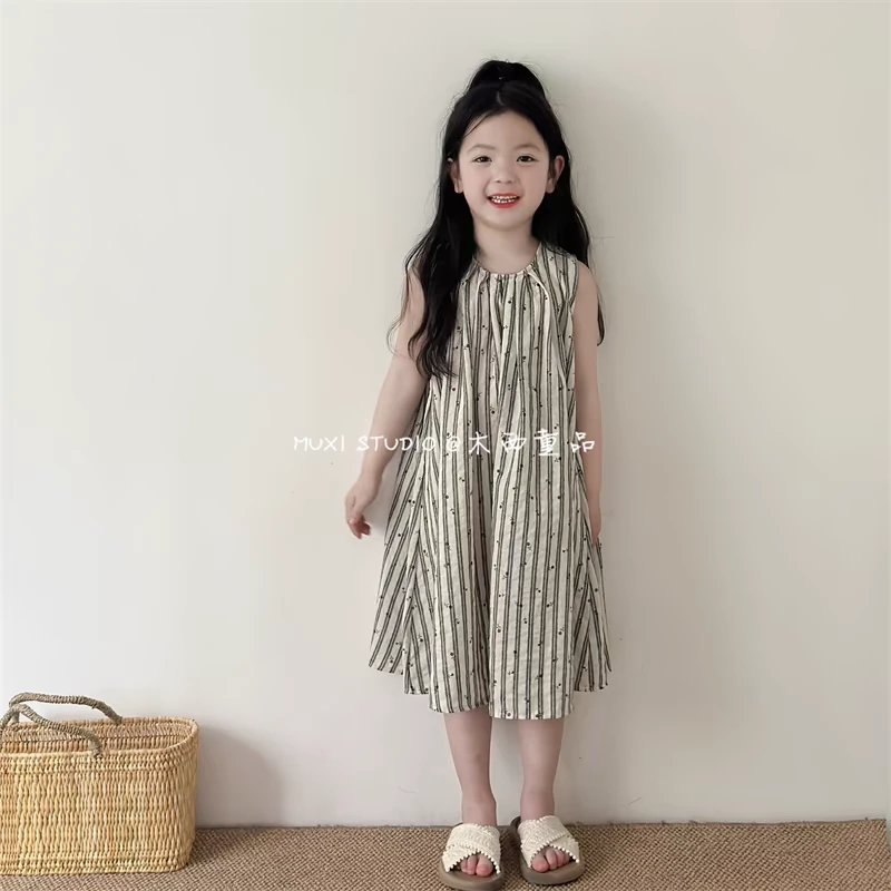 （亲子款）2025夏韩国版女童森系条纹碎花背心连衣裙洋气可爱伞裙