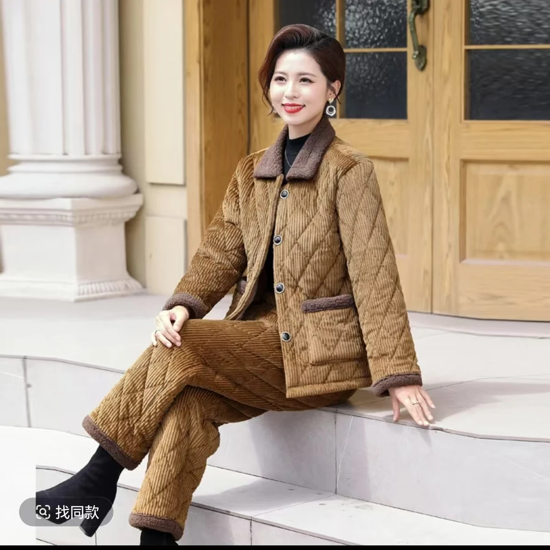 7747中老年女装冬季加绒加厚保暖睡衣妈妈装居家服套装地下室