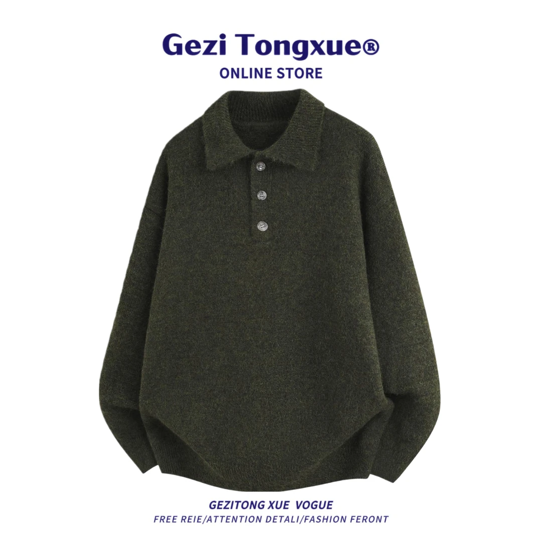 2025新款复古冬装翻领毛衣男秋冬季高级感慵懒风polo衫软糯针织衫