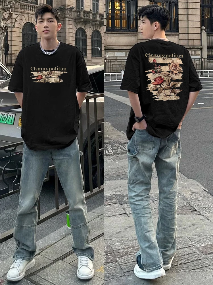 【重磅纯棉】2025新款短袖T恤宽松美式休闲复古夏季百搭ins高街潮流