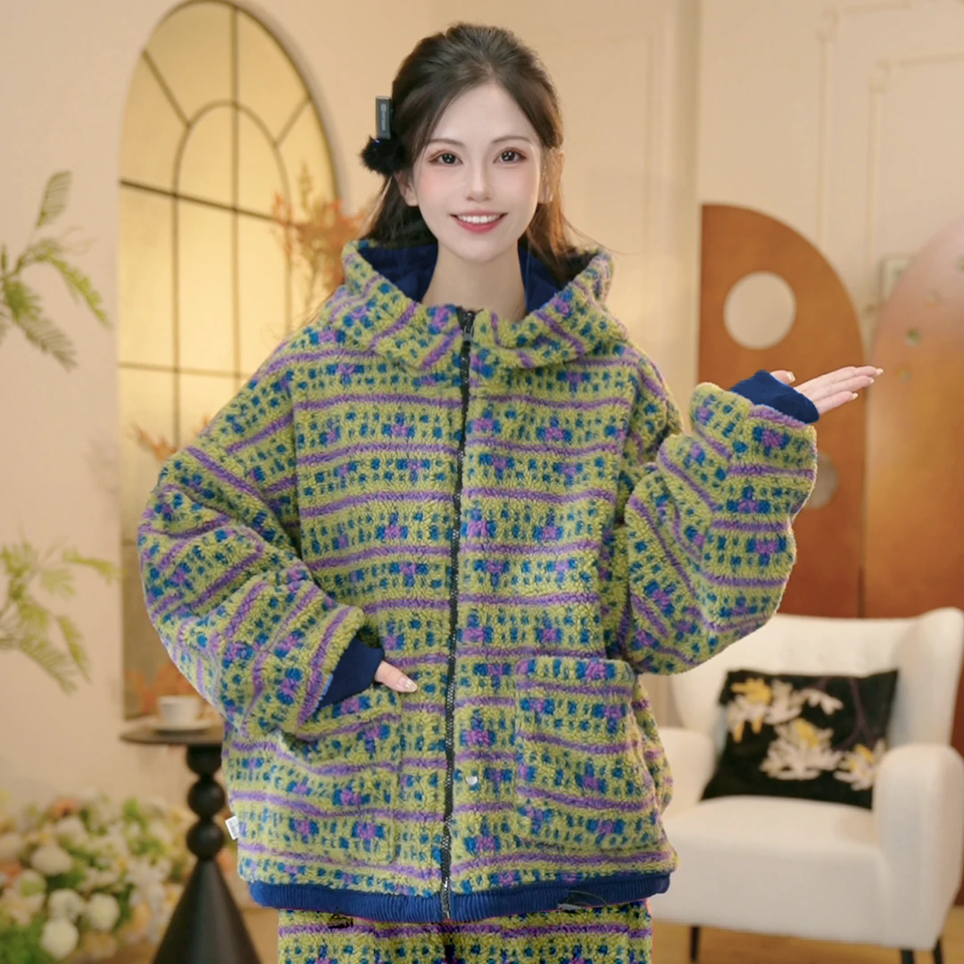 【原野紫织】H冬季新款长袖加绒家居服秋冬季加绒加厚保暖舒适睡衣