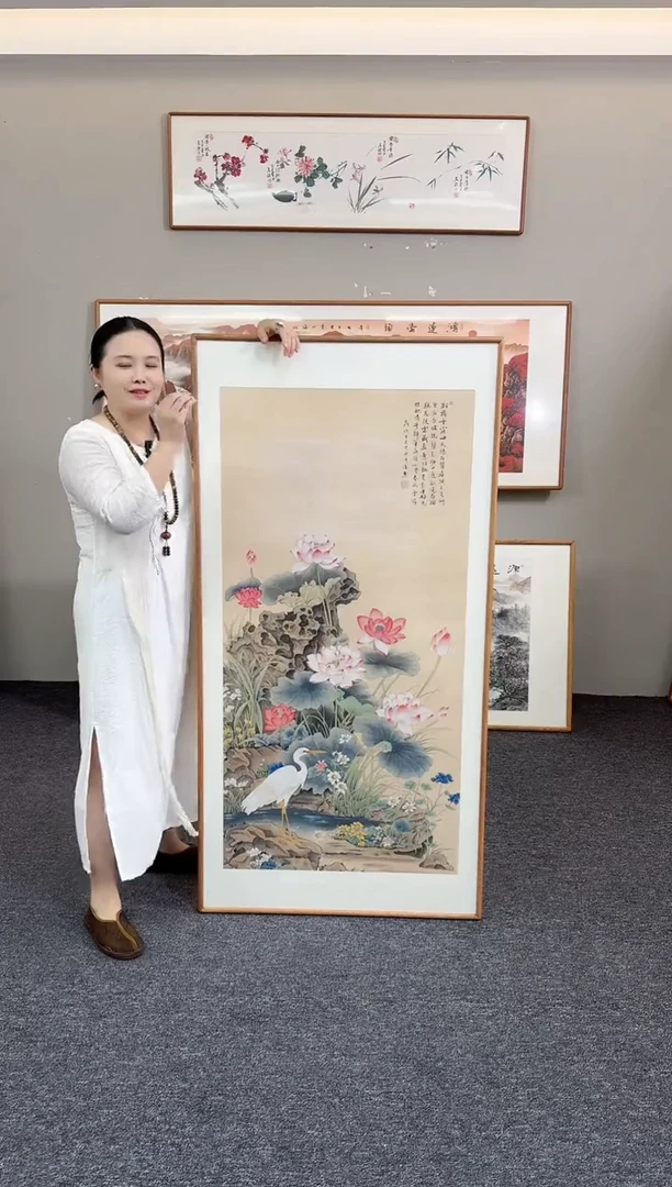 国画荷花鹭155*76手绘作品
