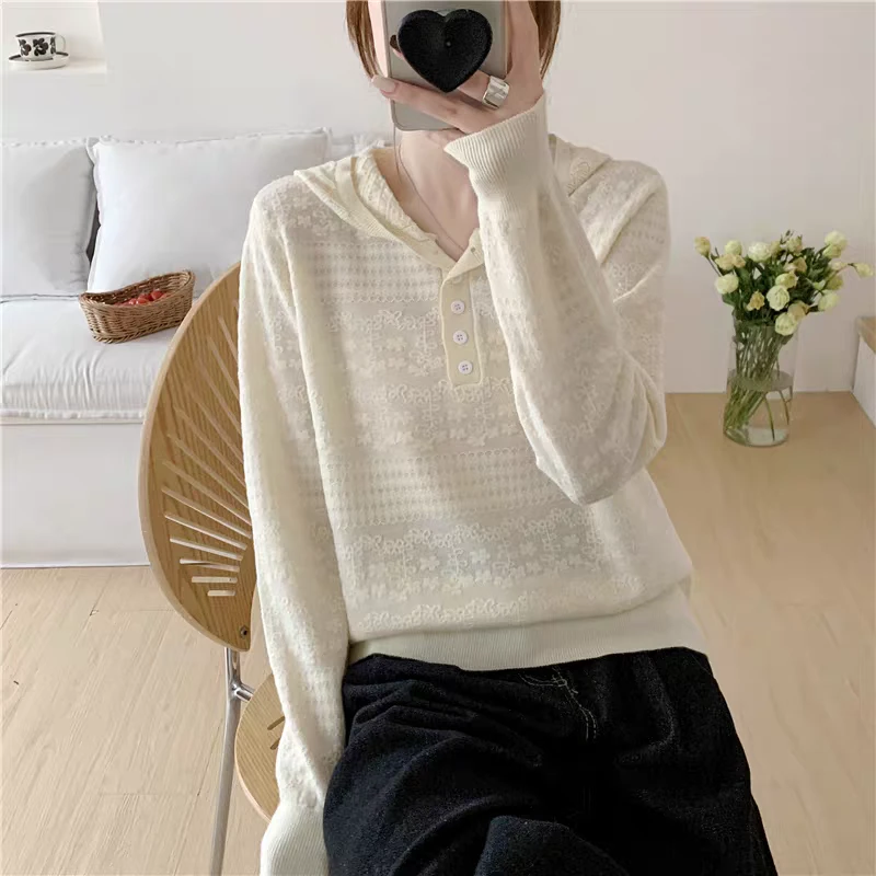 3气质优雅提花珍珠羊毛打底上衣2025女款法式减龄针织衫