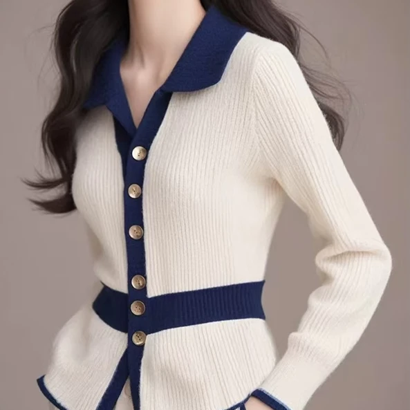 职业阿玛诗官2025秋冬款小香风翻领长袖针织衫女撞色收腰显瘦毛衣