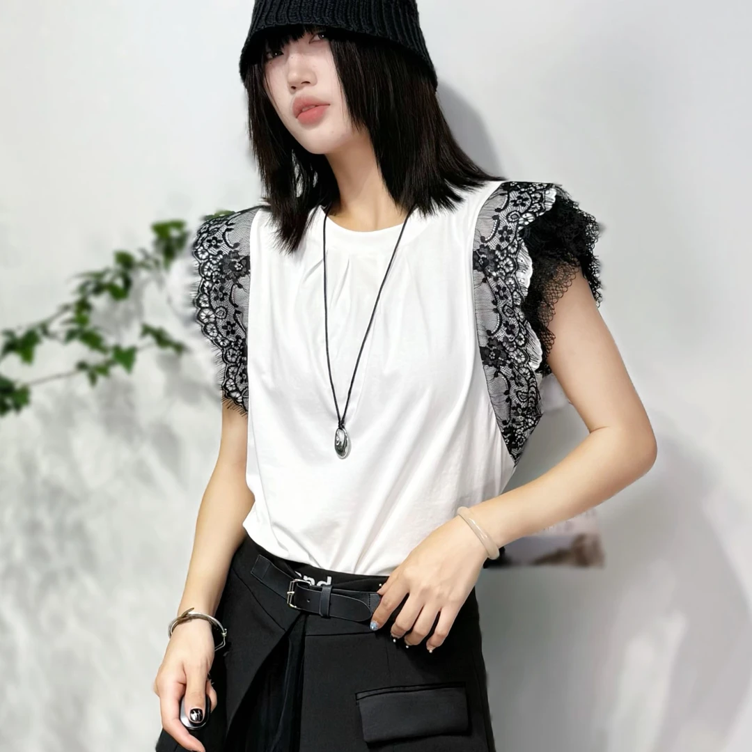 6858#深圳2025年夏镂空花边蕾丝拼接圆领飞飞袖无袖T恤女上衣