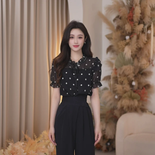 Basic House/百家好显瘦气质时尚夏季黑色法式波点B1335B50F72