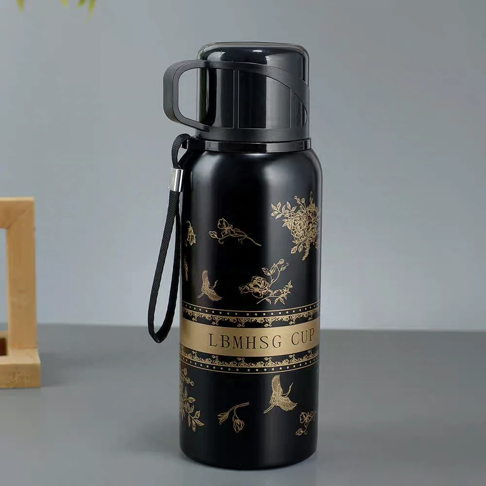 牡丹栀子花杯盖两用提绳式保温杯600毫升黑色