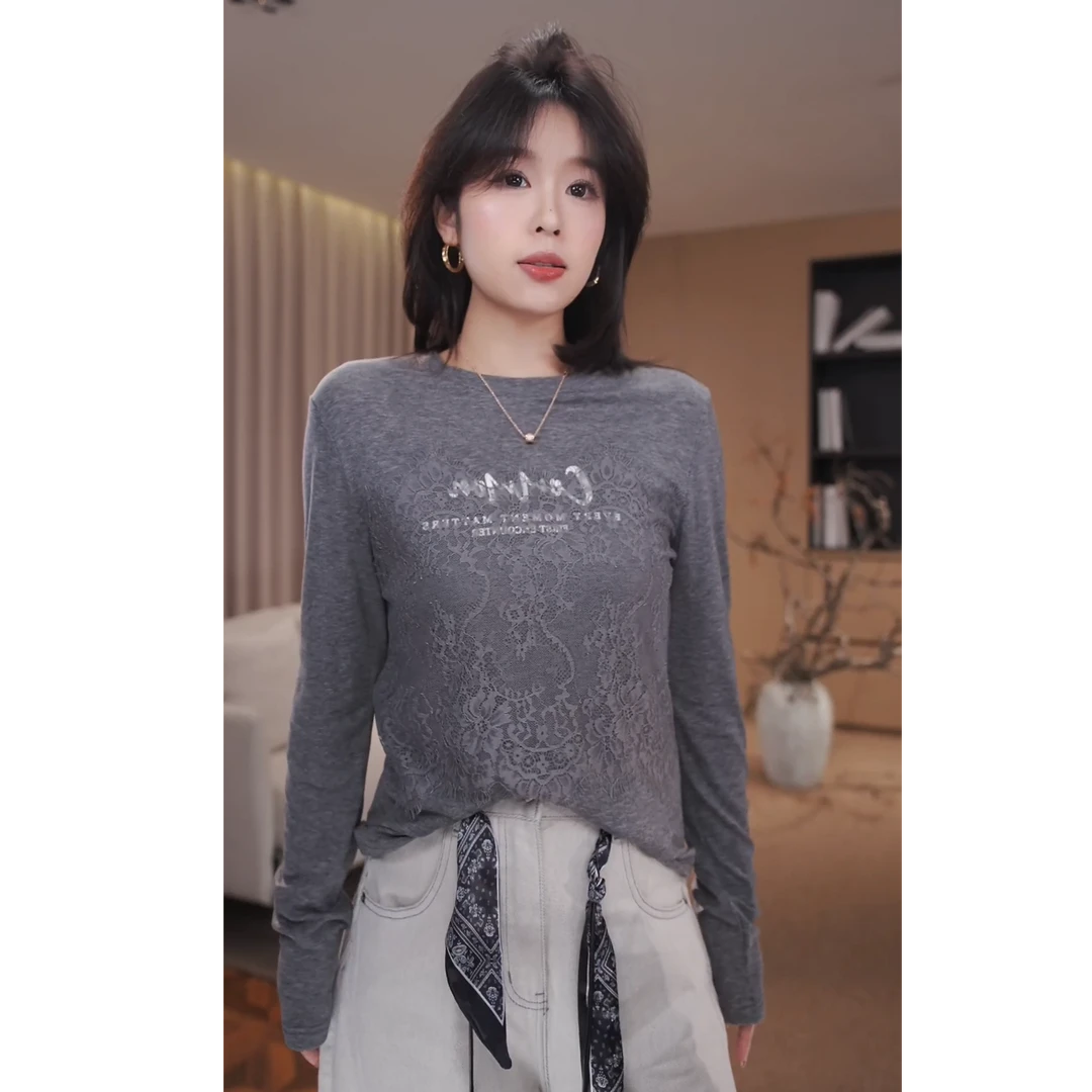 广州琴姐【蕾丝字母】琥珀流光风轻熟风圆领长袖T恤打底衫女秋季698