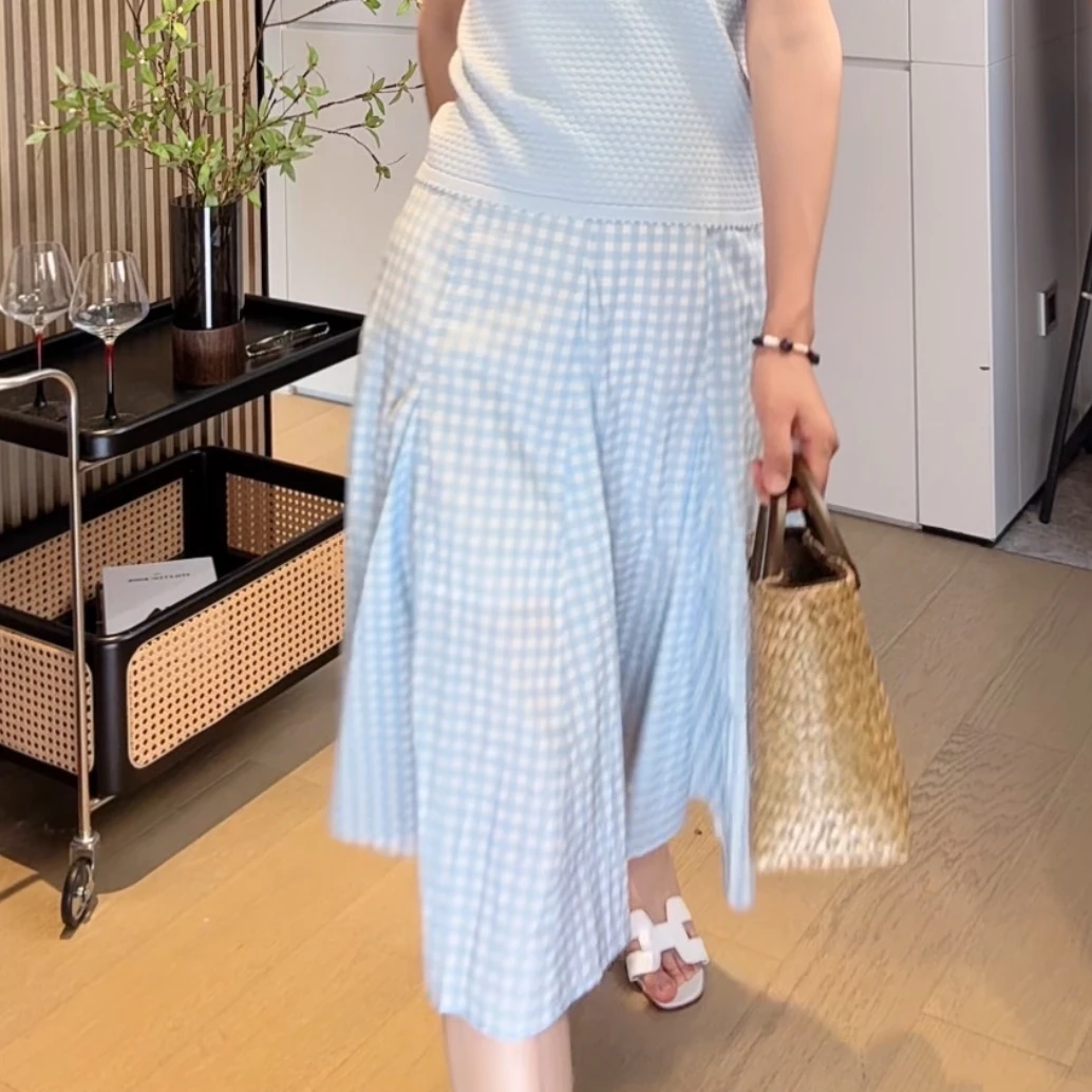 NAN&SEN  微风   2025新款温柔蓝色格子高腰100%超细棉半身裙
