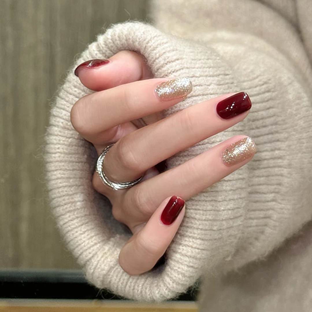 【香槟落叶】中长方新年暴富新款美甲贴片手穿戴甲简约指甲贴