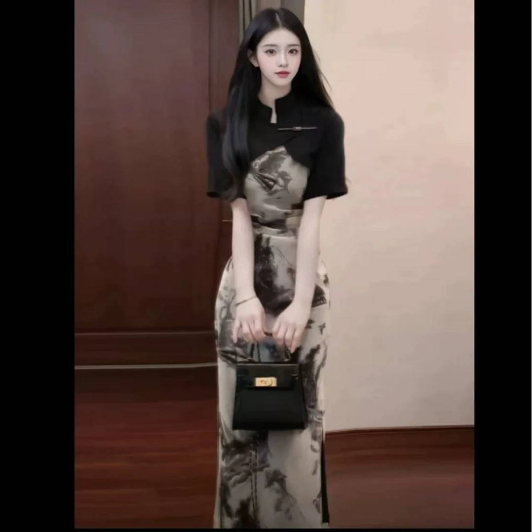 新中式国风水墨印花改良旗袍连衣裙吊带裙&提花坎肩两件套