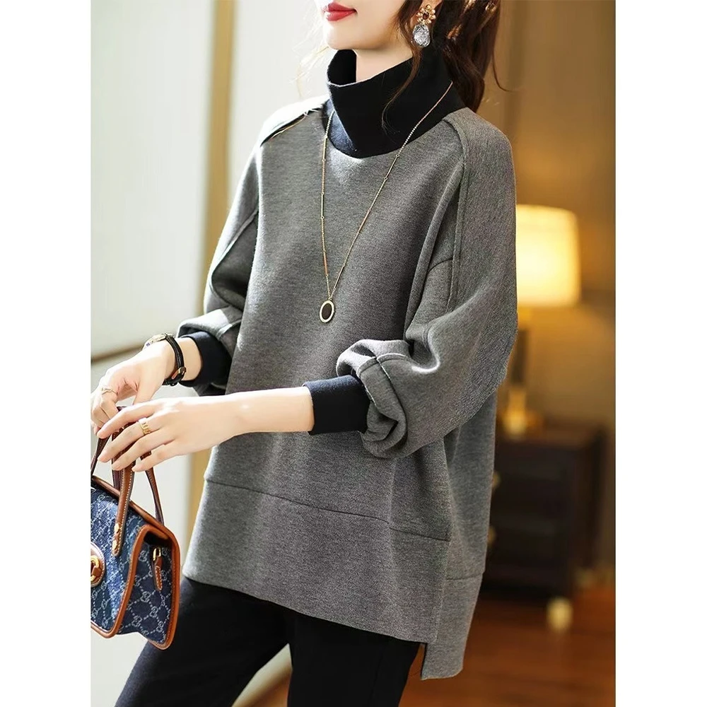 洋气长袖欧洲站大码空气层撞色高领卫衣