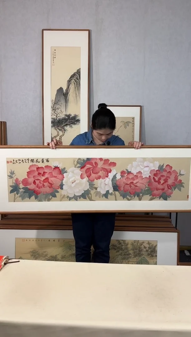 国画手绘*富贵花开*52*172cm带框发货