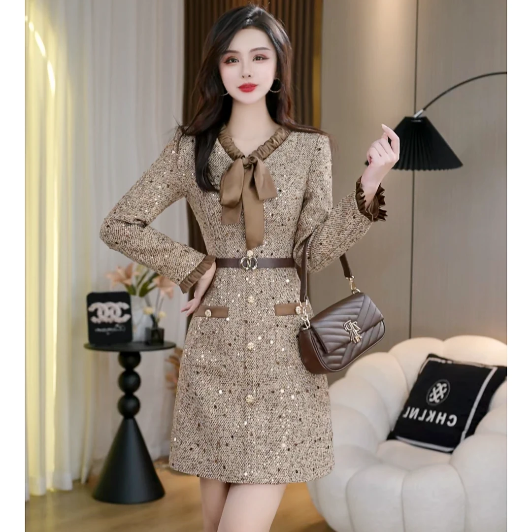 气质小香风蝴蝶结绑带重工亮片收腰显瘦连衣裙 C5717