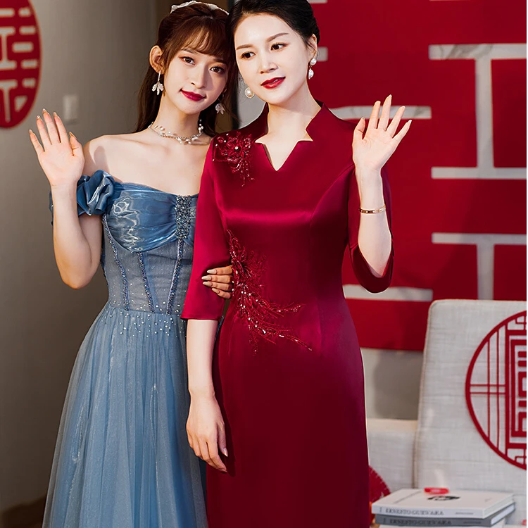 2025新新款婚礼妈妈礼服旗袍喜婆婆改良旗袍礼服中长款
