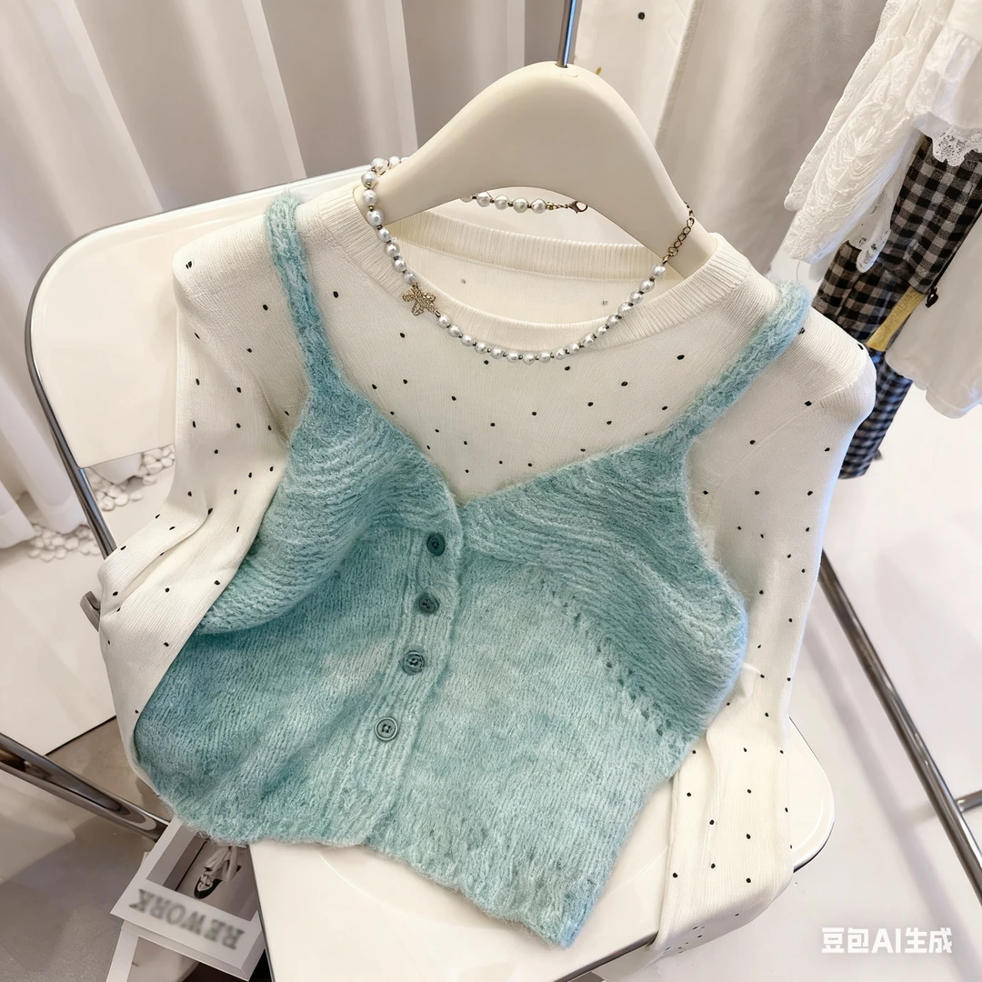 氛围感温柔彩纱针织吊带背心女秋冬新款百搭显瘦气质软糯毛衣上衣