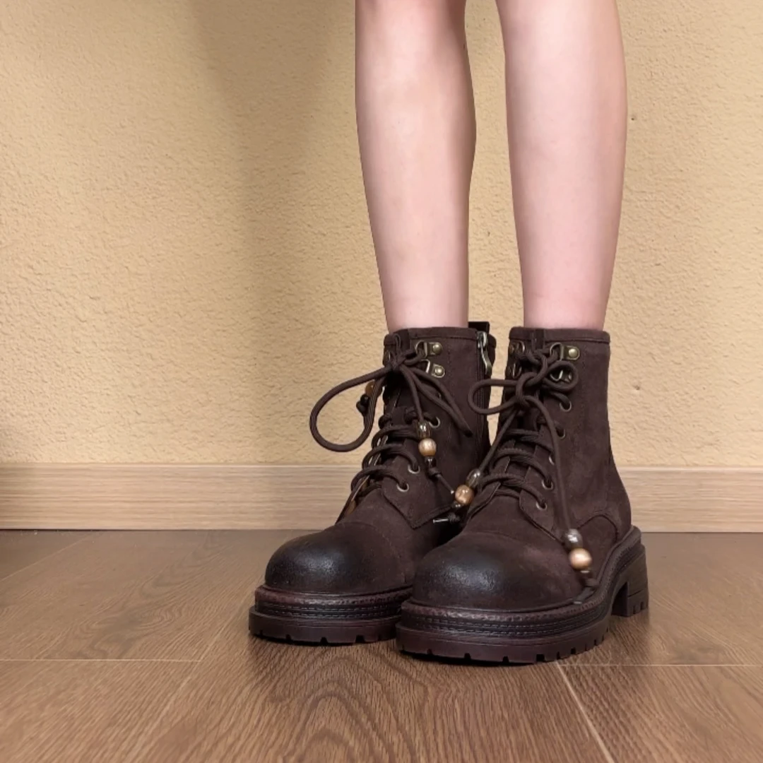 左樱先生·法式帅气英伦瘦瘦靴真皮4CM骑士靴黑色系带马丁靴潮流女