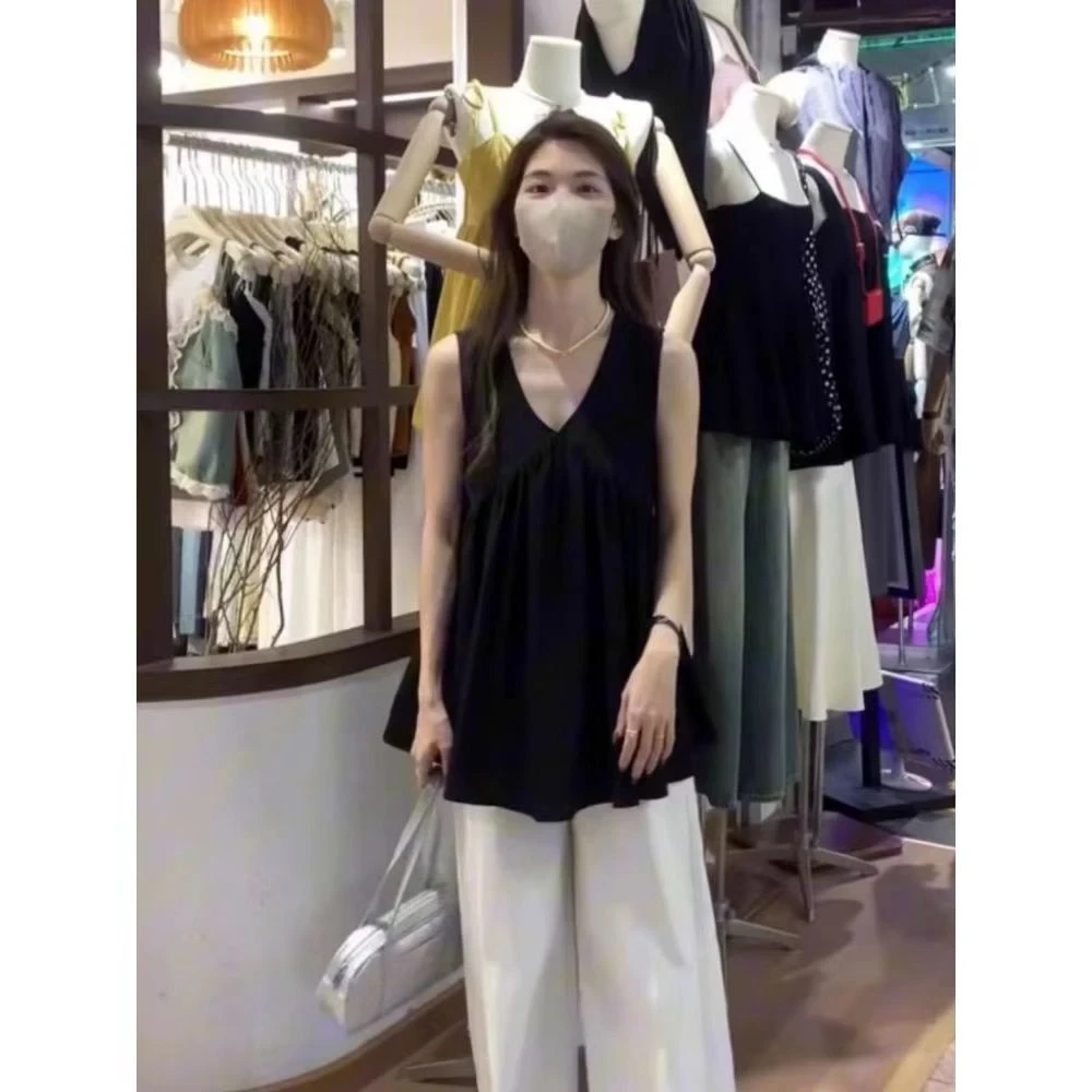 2025夏季新款韩系中长款黑色背心女设计感时尚显瘦无袖V领上衣服