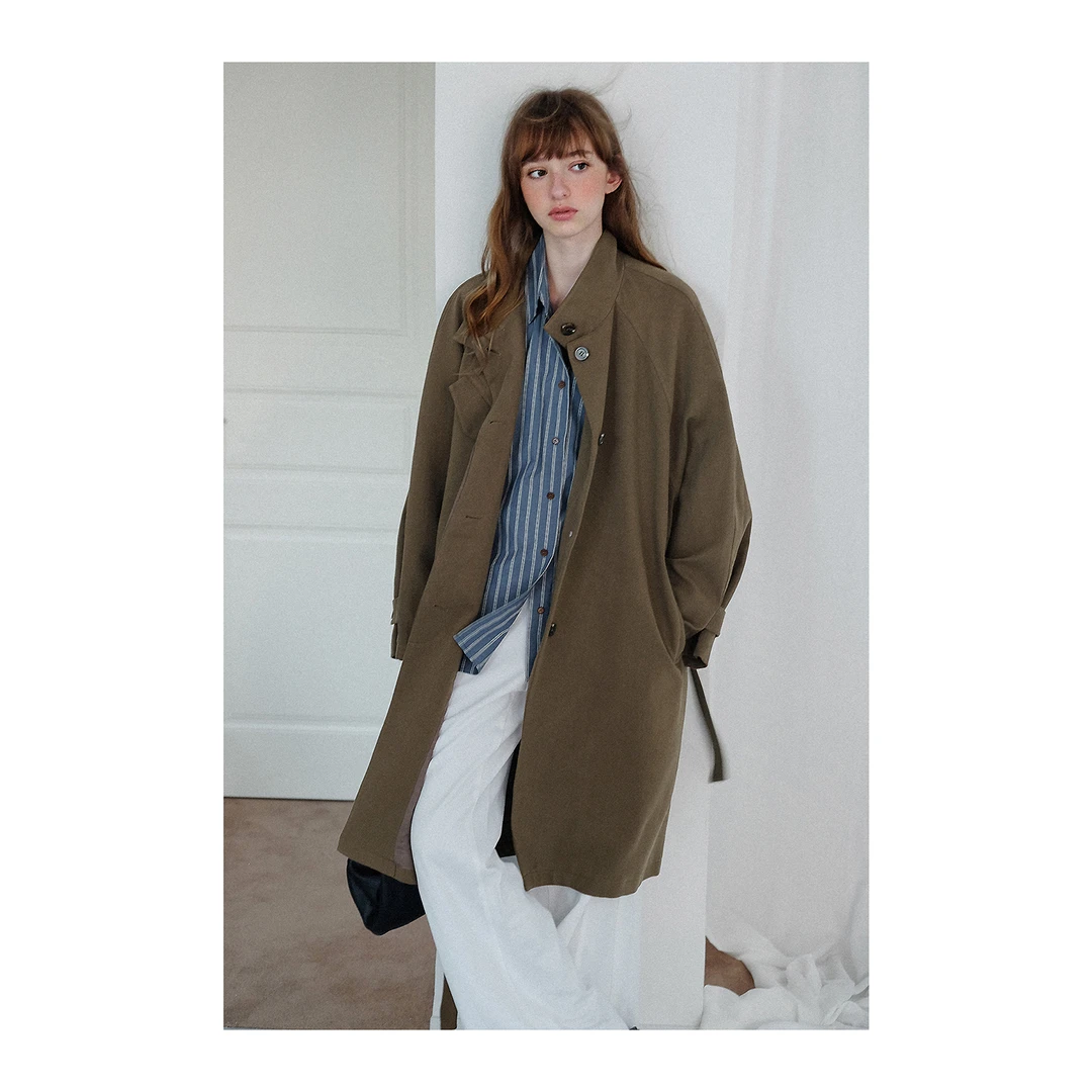 LETM浪漫早秋'复古斜纹棉含莱赛尔垂感宽松廓形立领系带长风衣女