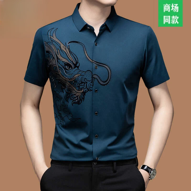 桑蚕丝短袖衬衫男士夏季薄款商务龙纹印花冰丝半袖衬衣男时尚休闲