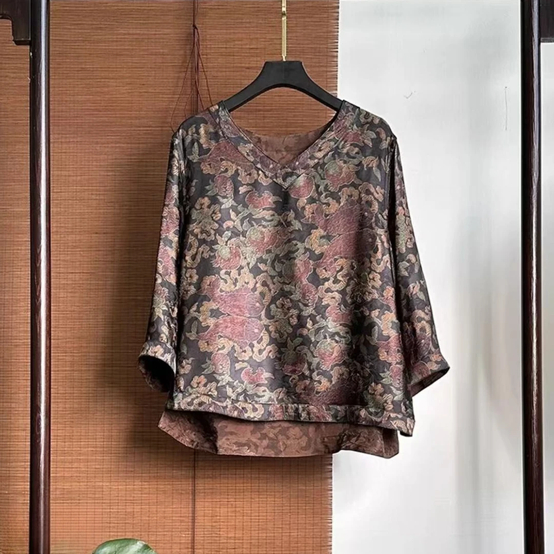 高端新中式中国风重缎香云纱提花鸡心领小上衣V领J024