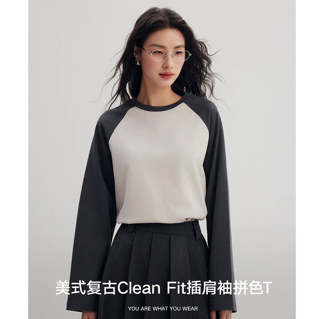 初棉280G 厚棉 美式复古拼色插肩袖宽松T恤 356601026