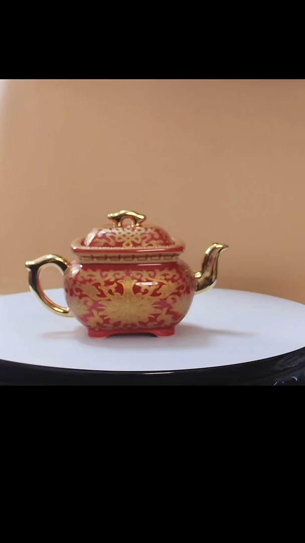 茶壶良瓷美品红金色四方茶壶礼盒装