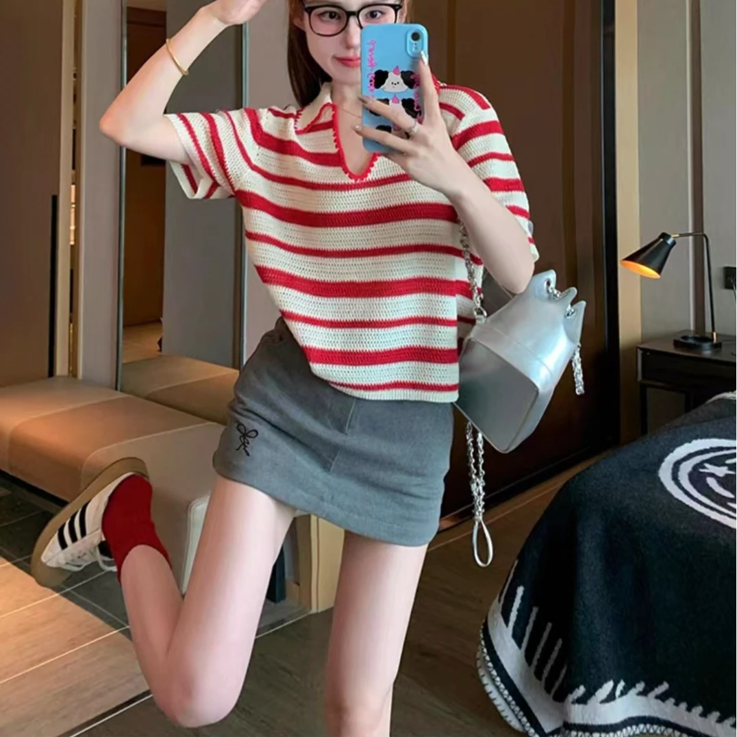 红色条纹针织v领短袖t恤女2025新款夏季polo领正肩短款上衣961