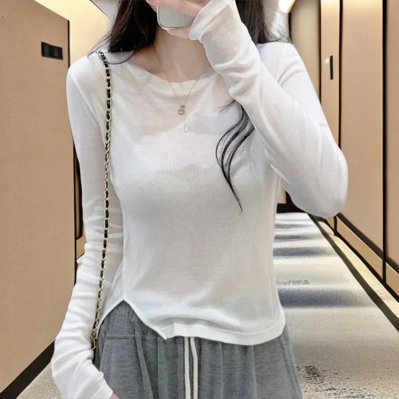 白色开叉打底长袖T恤衫女春秋季圆领时尚百搭内搭不规则短款上衣