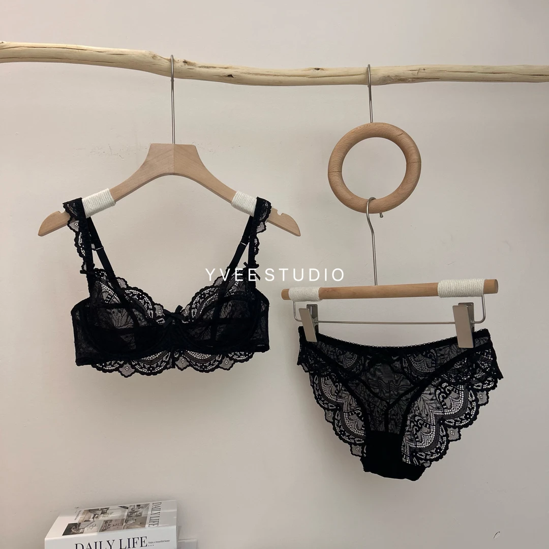 [YVS]法式蕾丝内衣女超薄无海绵内衣套装大胸显小防下垂上托