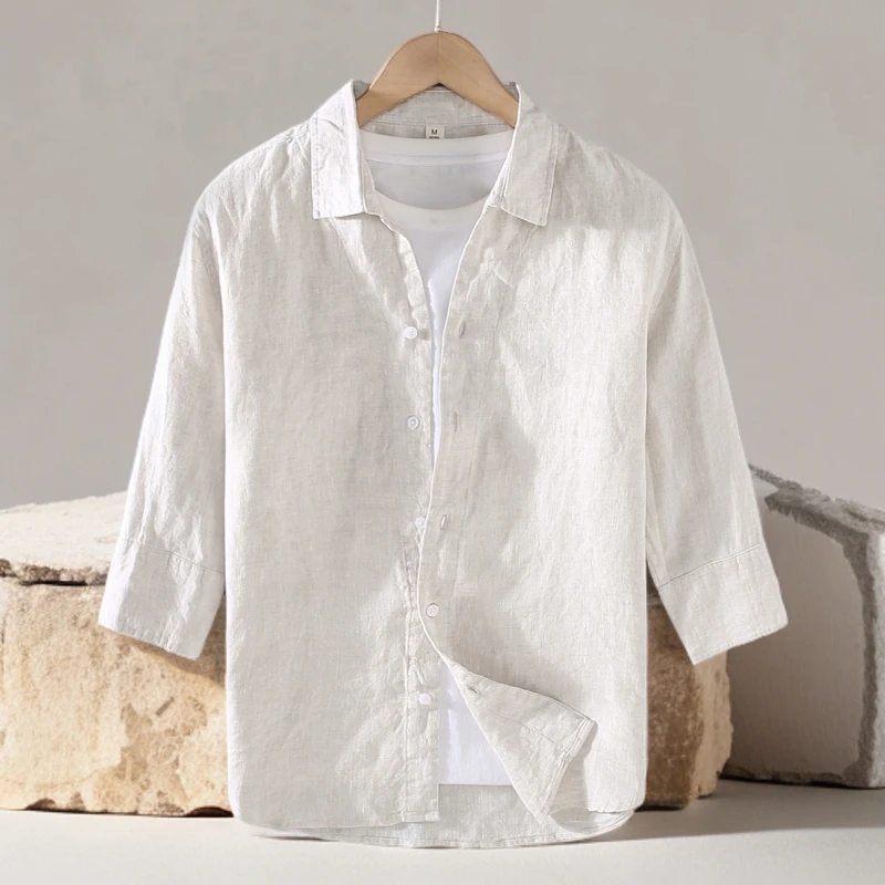 2025夏日新款小清新亚麻料短袖衬衫夏士棉麻七分中袖衬衣简约上衣