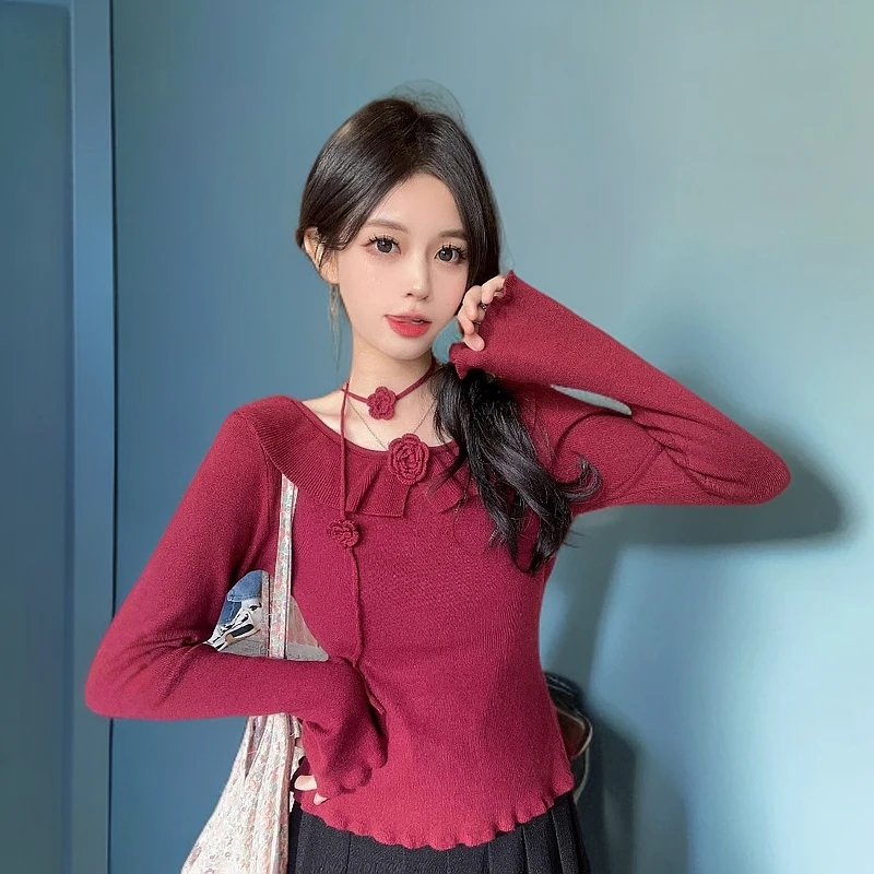 荷叶边立体花朵长袖针织衫女小众设计感修身显瘦上衣