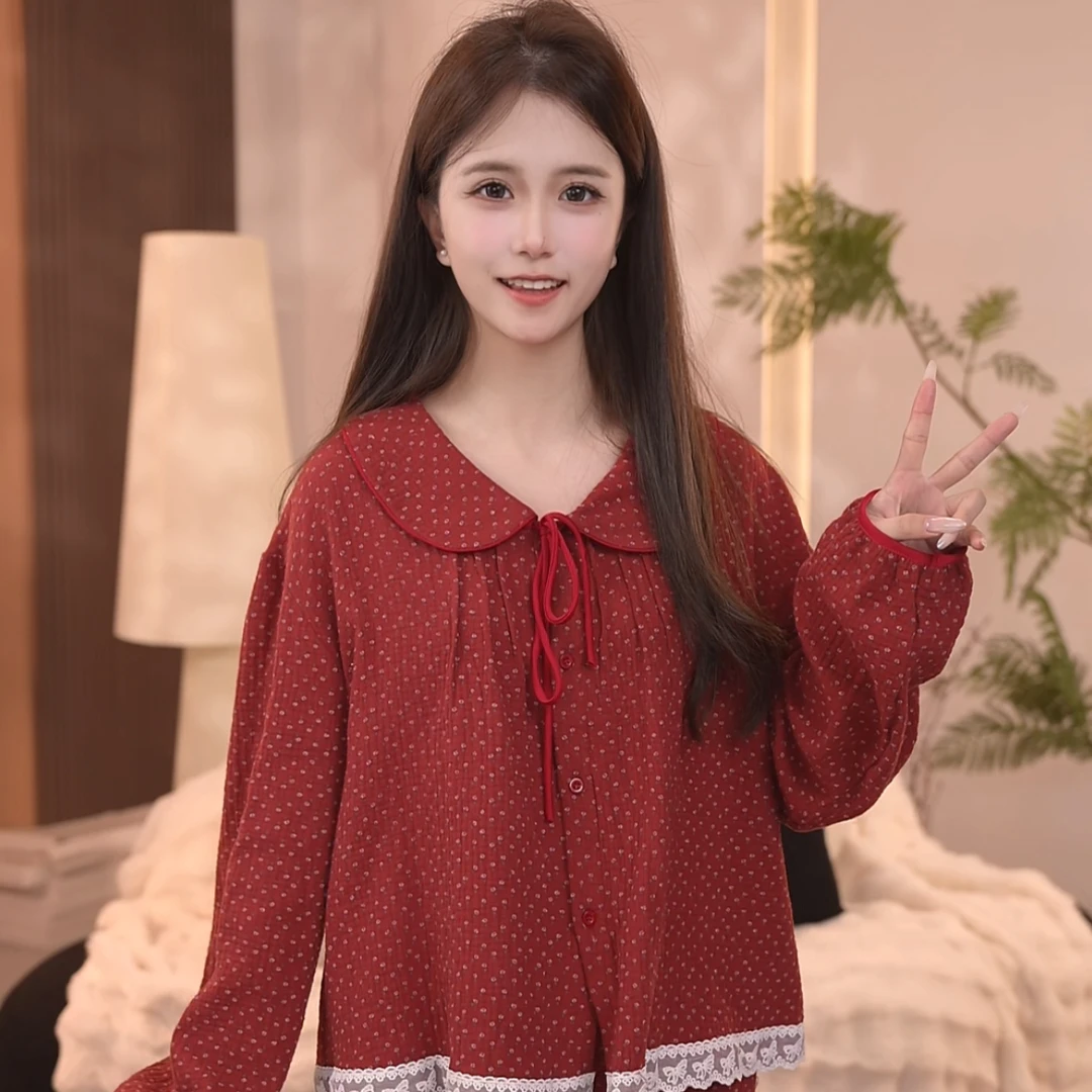 板栗小姐【朱樱】新款女春秋甜美风高级家居服套装可外穿