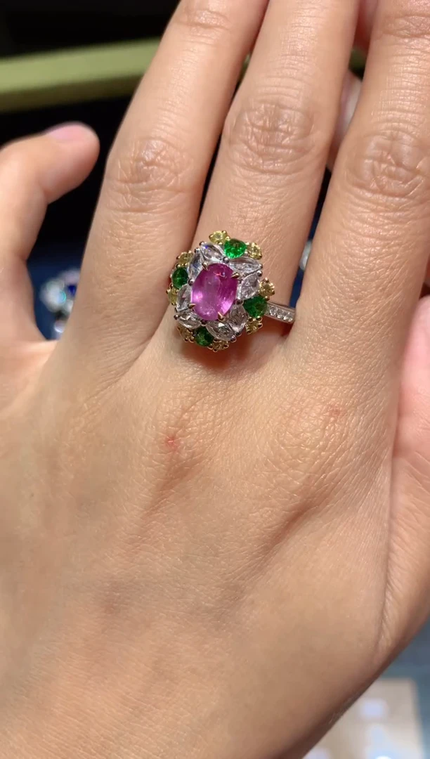 【闪购商品】彩色蓝宝石戒指18K金镶嵌1.53CT  无烧
