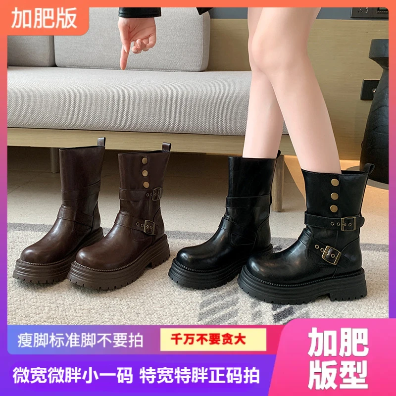 111-10胖脚加肥粗腿马丁靴厚底复古短靴大筒围中筒靴宽胖大码女靴